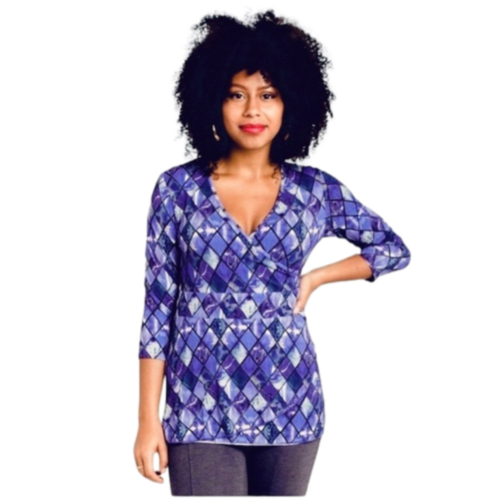 BLUE SKY Bamboo cross over neckline,purple blue diamond print blouse LARGE NWT